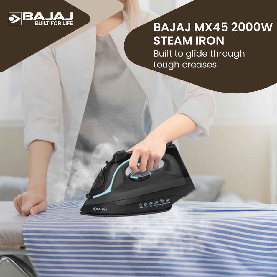 Bajaj MX 45 Steam Aluminium 2000 Watts Soleplate Steam Iron, Non Stick German Coated Technology, 220 Ml Water Tank Capacity - Black & Grey