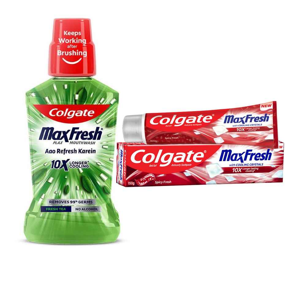 Colgate Maxfresh Toothpaste, Red Gel Paste With Menthol For Super Fresh Breath (Spicy Fresh) (150g) & Colgate Mouthwash - Maxfresh Plax Fresh Tea Alcohol Free Imported (250ml) Combo