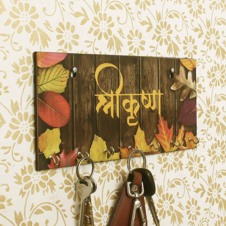 eCraftIndia Shri Krishna And Leaves Theme Wooden Key Holder With 7 Key Hooks For Wall