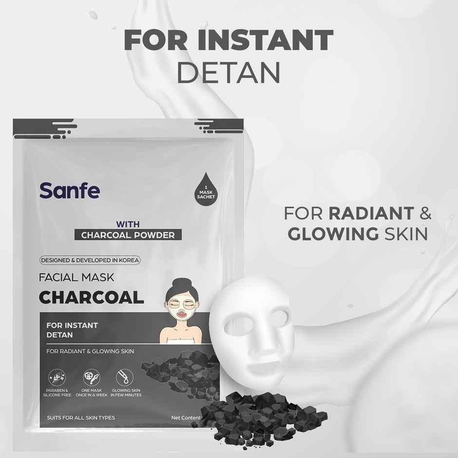 Sanfe Instant Detan Charcoal Face Mask | 100% fruit extracts, Korean Mask