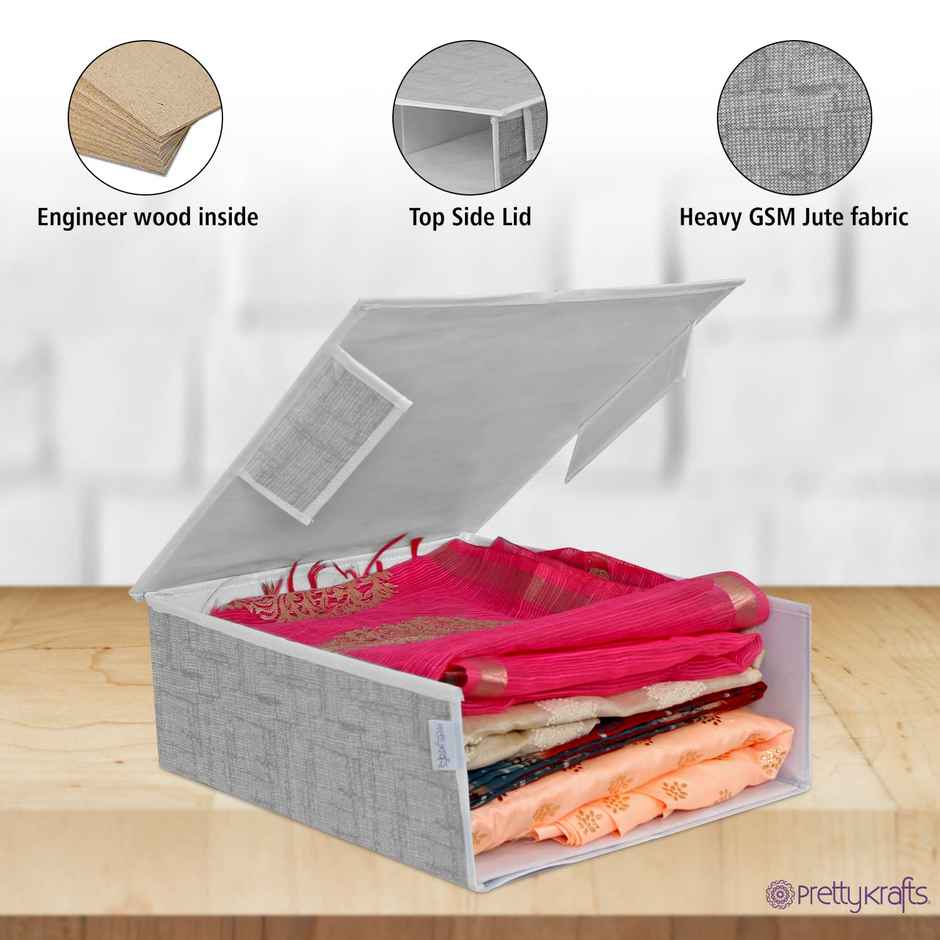 PrettyKrafts Stackable Saree Organizer Box - Grey Fabric Storage with Lid & Clear Window
