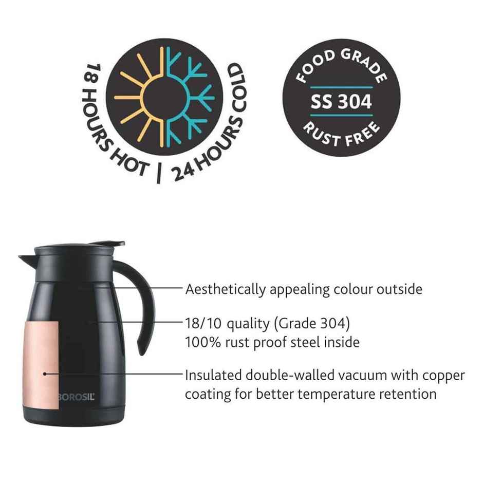 Borosil Stainless Steel Teapot | 1 L | Double Wall Vacuum Insulated | Black