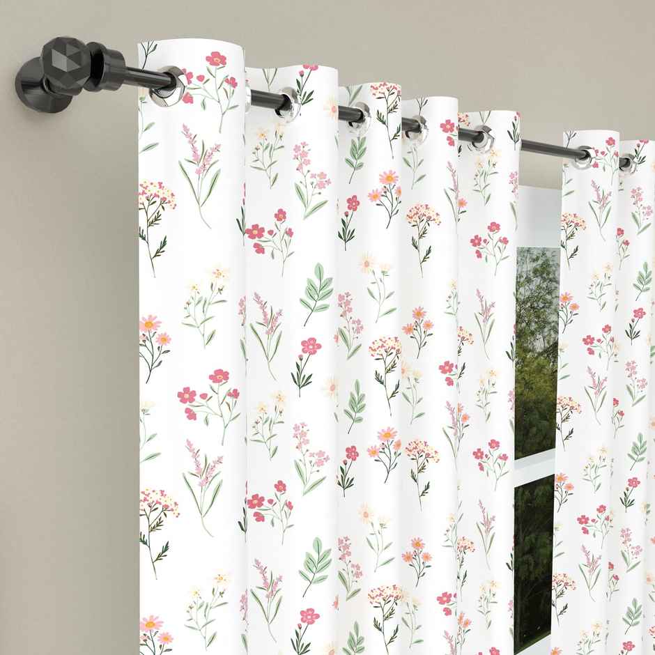 Haus & Kinder 100% Cotton Set Of 2 Door Curtains, Eyelet Rings - Floral Clusters