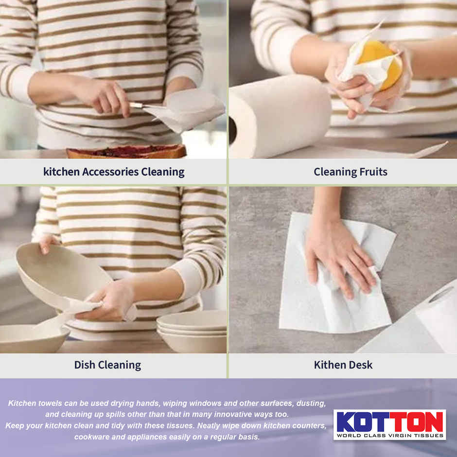 Kotton 2 Ply Kitchen Towel Paper Roll/100% Virgin Pulp/Paper - Pack Of 4 Rolls - 60 Pulls Per Roll