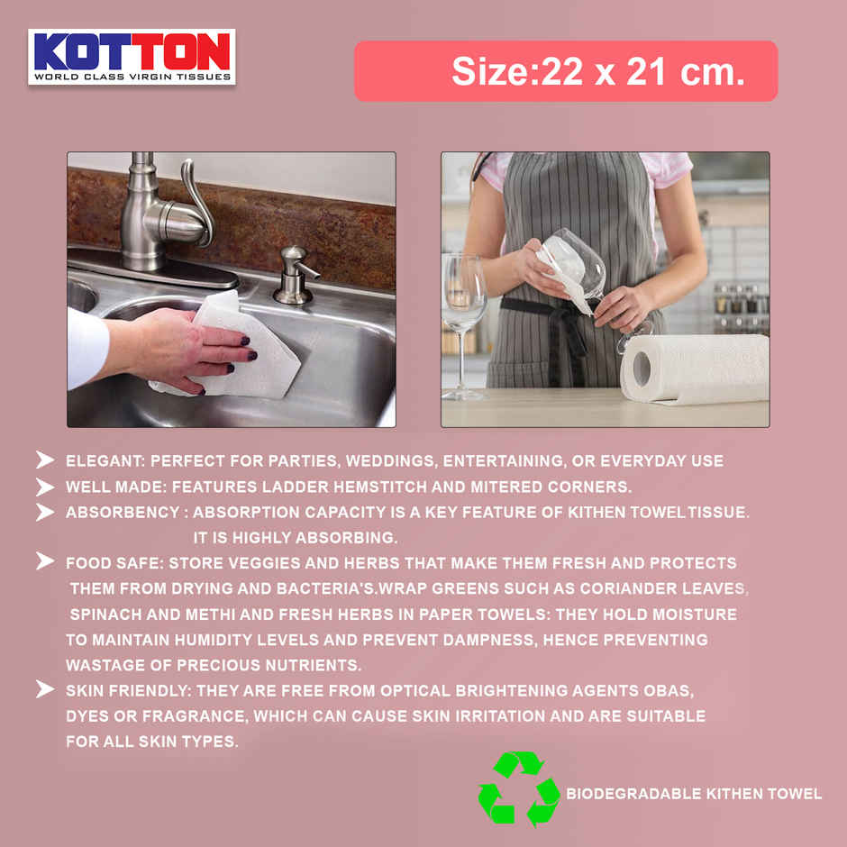 Kotton Kitchen Towel 2 Ply - 100% Virgin Pulp/Paper, 60 Pulls Per Roll