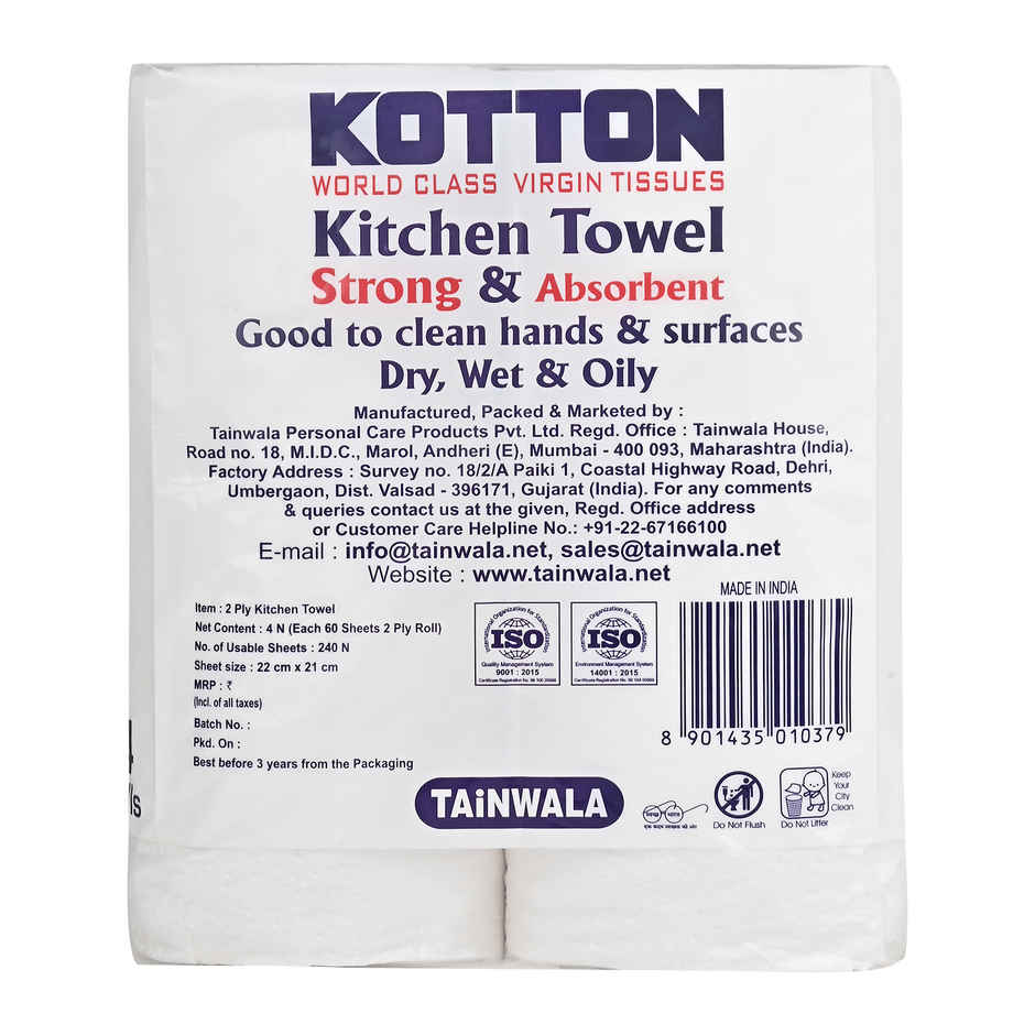 Kotton Kitchen Towel 2 Ply - 100% Virgin Pulp/Paper, 60 Pulls Per Roll