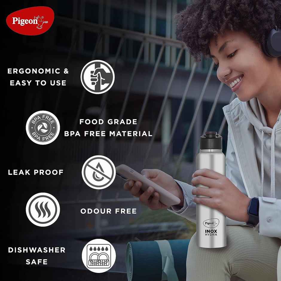 Pigeon Stainless Steel Inox Hydra Water Bottle | Silver | 900 ml