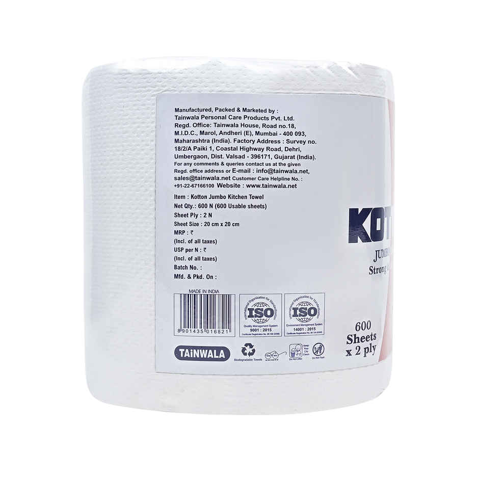 Kotton 2 Ply Jumbo Kitchen Towel Paper Roll/100% Virgin Pulp/Paper - pack of 1 Roll - 600 Sheets