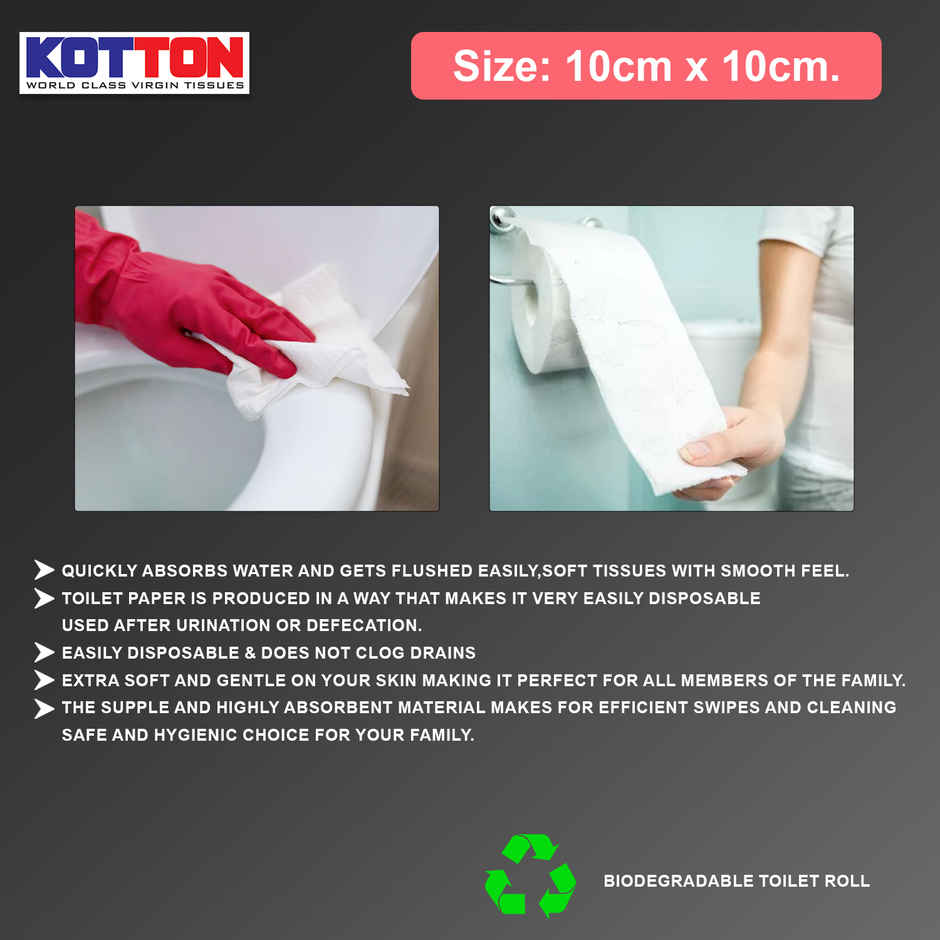 Kotton Toilet Roll - 2 Ply -100% Virgin Pulp/Paper, Pack of 10 ,230 sheets