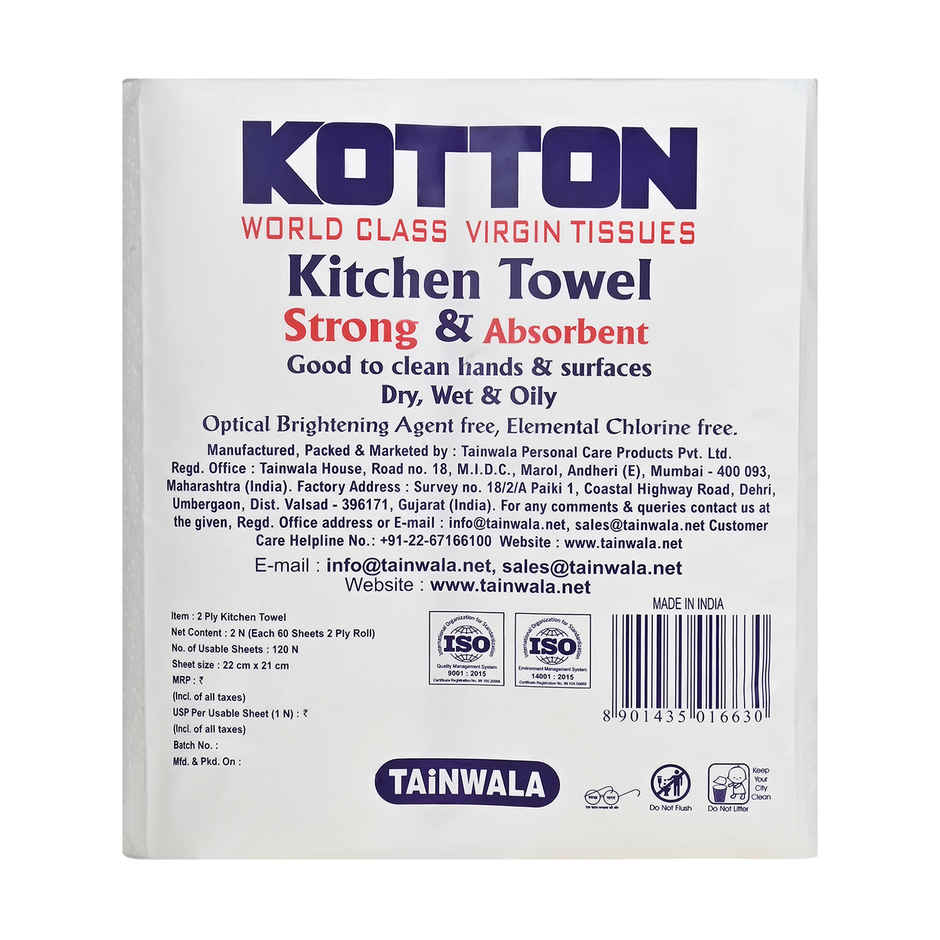 Kotton 2 Ply Kitchen Towel Paper Roll/100% Virgin Pulp/Paper - Pack Of 4 Rolls - 60 Pulls Per Roll