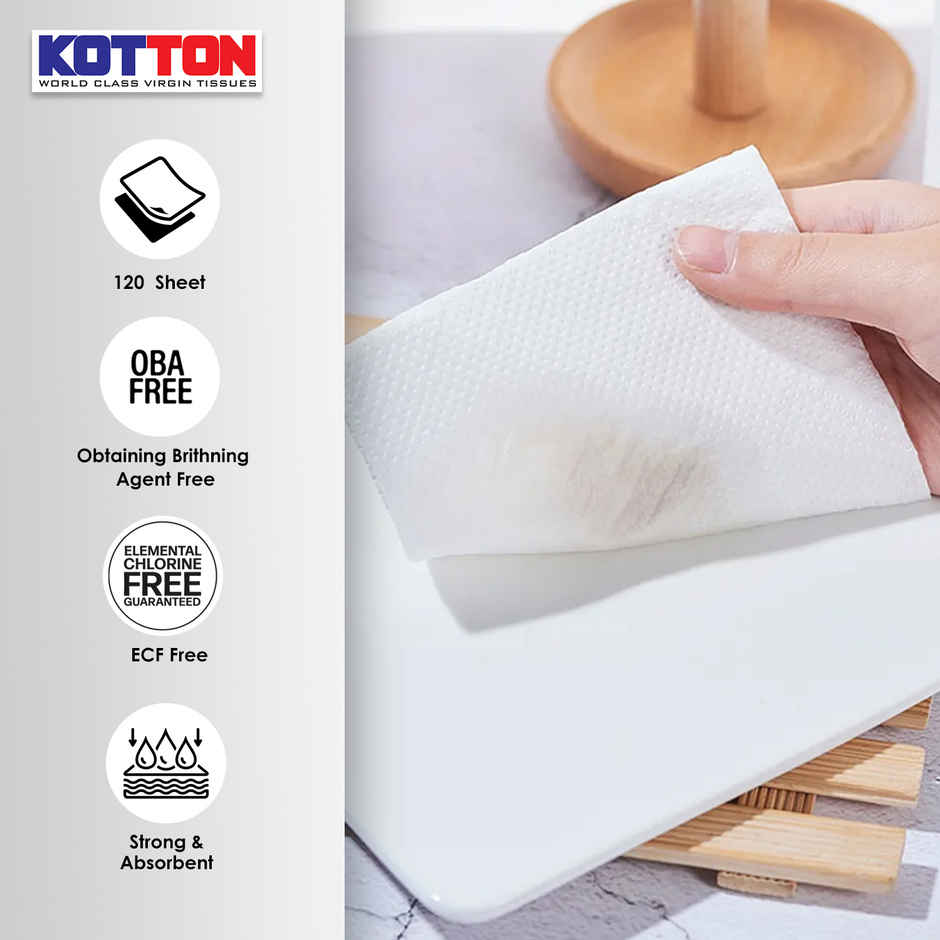 Kotton 2 Ply Kitchen Towel Paper Roll/100% Virgin Pulp/Paper | Pack of 2 Rolls - 60 Pulls Per Roll