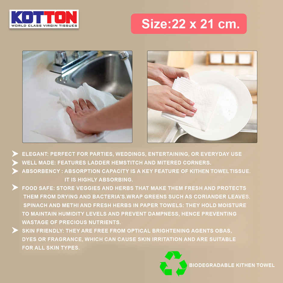 Kotton Kitchen Towel 2 Ply - 100% Virgin Pulp/Paper, 60 Pulls Per Roll