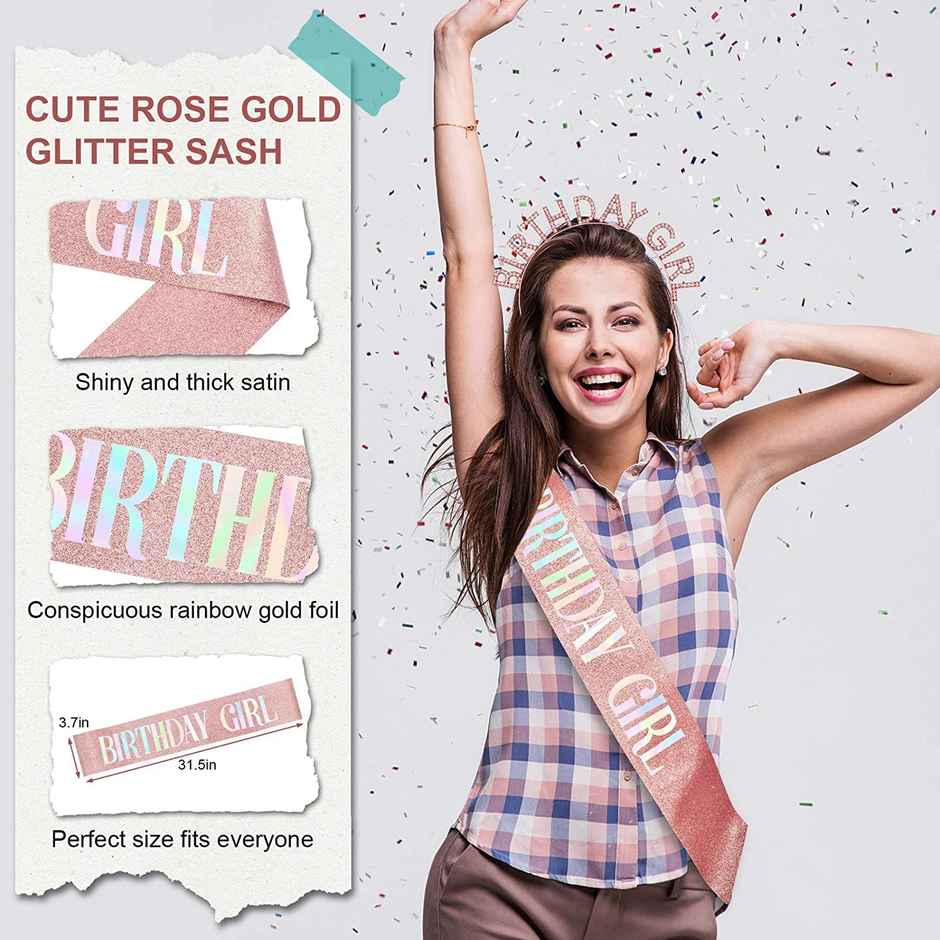 Birthday Girl Sash And Crown | Rose Gold 2 Pcs Birthday Decoration Items for Girl | Party Propz