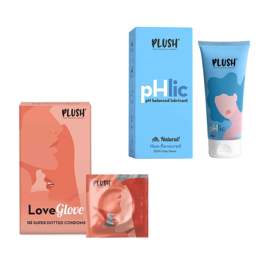 Plush Male Condom-Love Glove-Super Dotted | Designed For Women Pleasure(10pc) & Plush Phlic Lubricant - Natural(50gms) Combo
