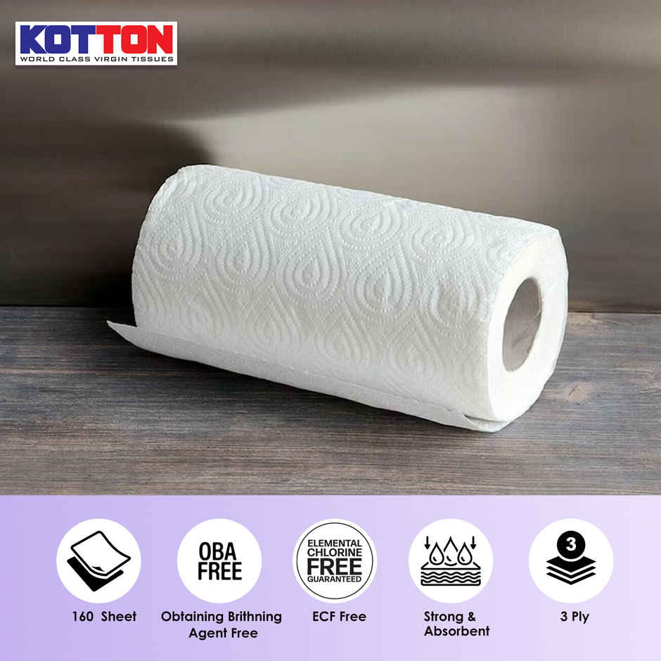 Kotton 3 Ply Kitchen Towel Paper Roll/100% Virgin Pulp/Paper- Pack Of 2 Rolls - 80 Pulls Per Roll