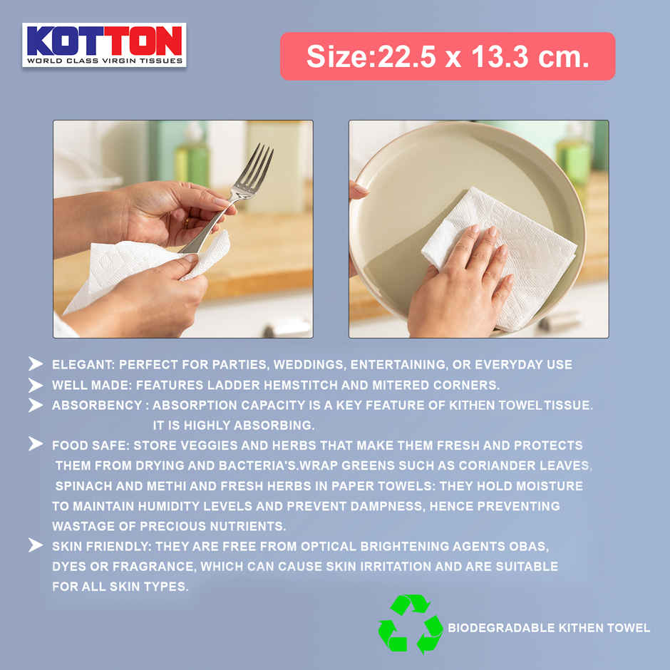Kotton 3 Ply Kitchen Towel Paper Roll/100% Virgin Pulp/Paper- Pack Of 2 Rolls - 80 Pulls Per Roll