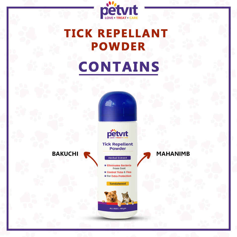 Petvit Tick Repellent Powder With Sandalwood |Paraben Free & Ph-Balance -For All Breed Dog & Cat