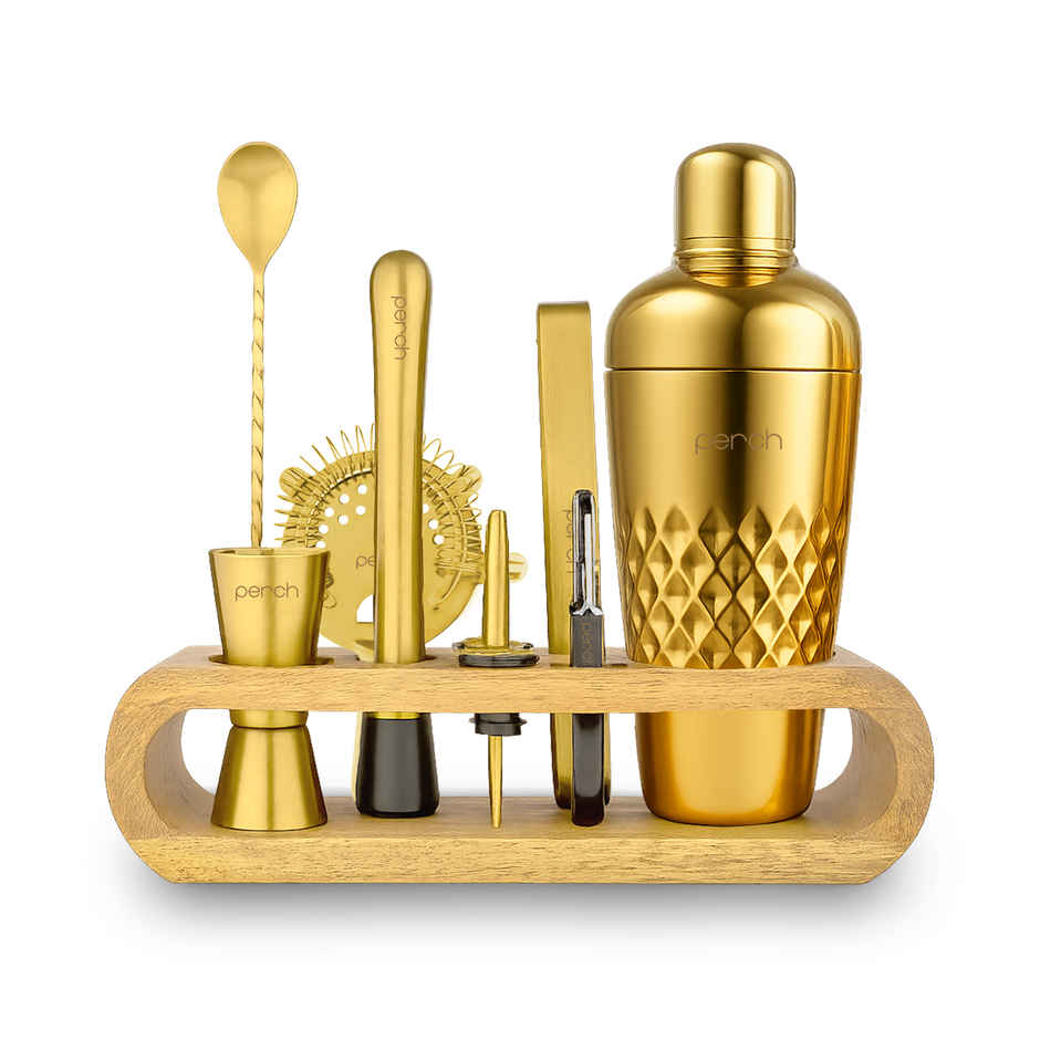 Perch O Holic Bartender Kit | 750 ml Belly Shaker Mango Wood Stand | Gold