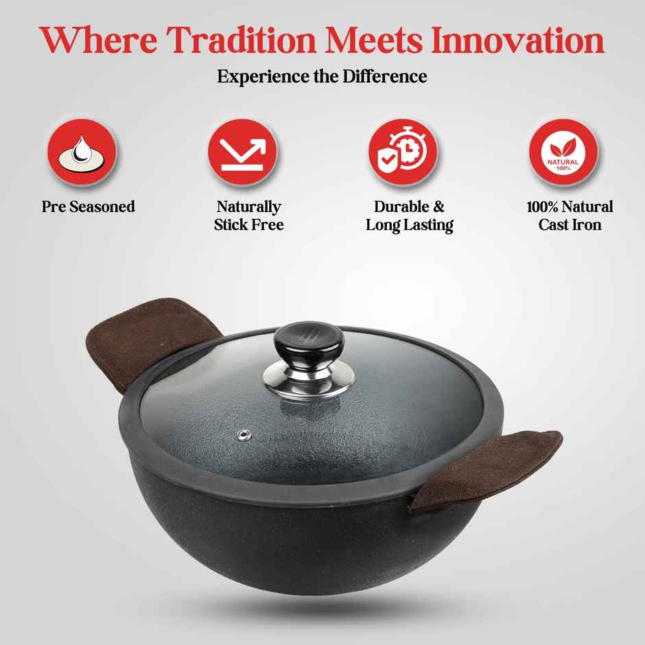Vinod Legacy Pre-Seasoned Cast Iron Kadai - 22 Cm, Capacity 2.4 L, Induction Friendly, Black