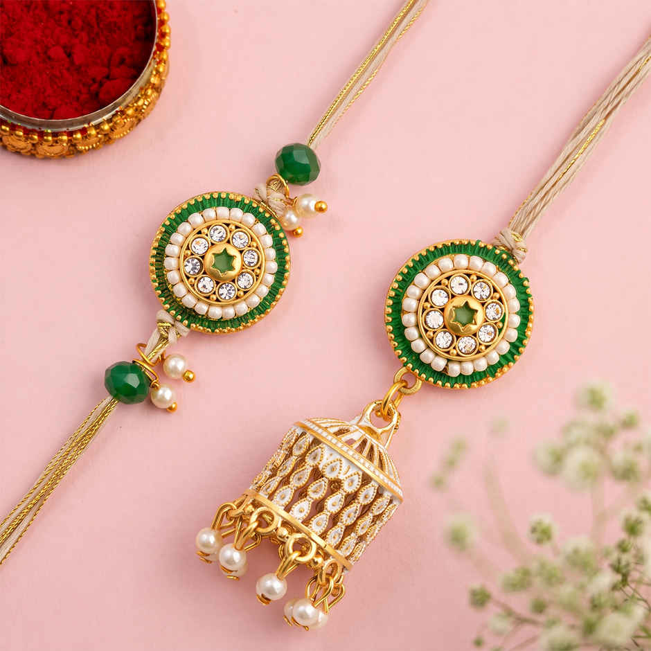 White Pearls And Kundan Bhaiya Bhabhi Lumba Rakhi | Pack of 2 | Voylla