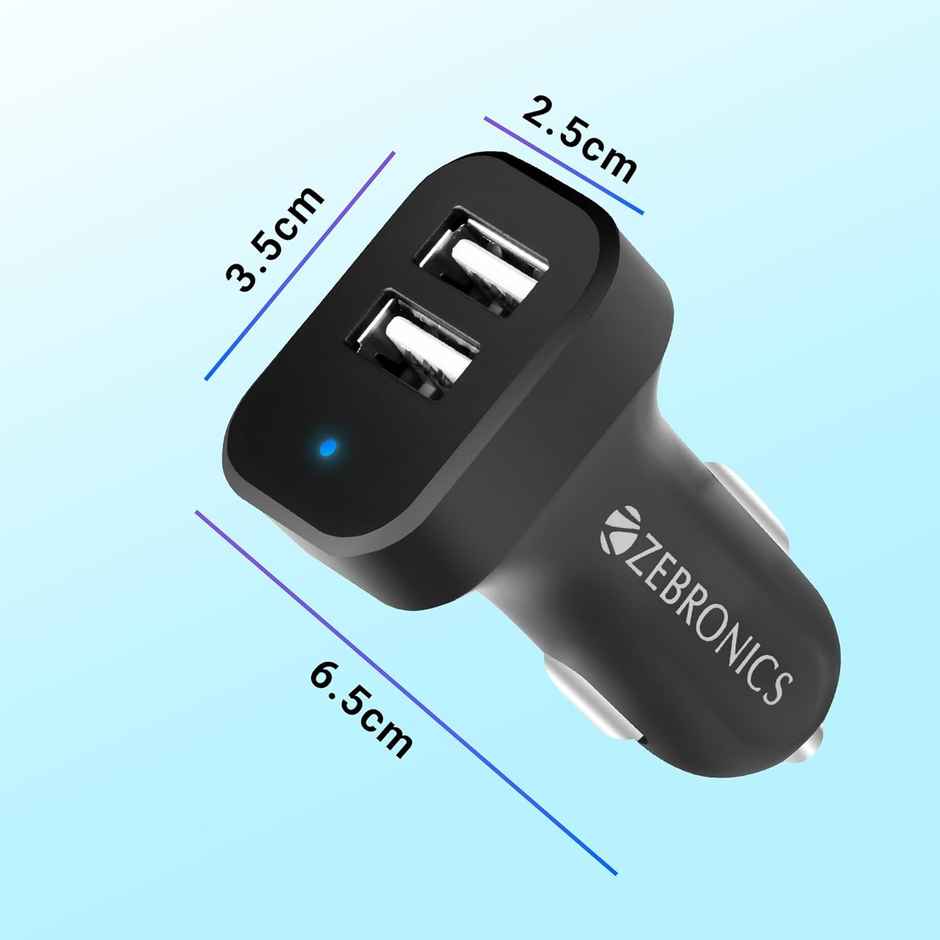 Zebronics Cc242A3 Car Charger, 10.5W, Dual USB Ports, Built in Protections, Included USB (Black)