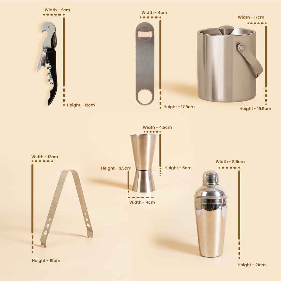 Picfest Complete Bar Set 6 Pc Shaker, Peg Measure, Wine Opener, Bottle Opener, Ice Tong, Ice Bucket