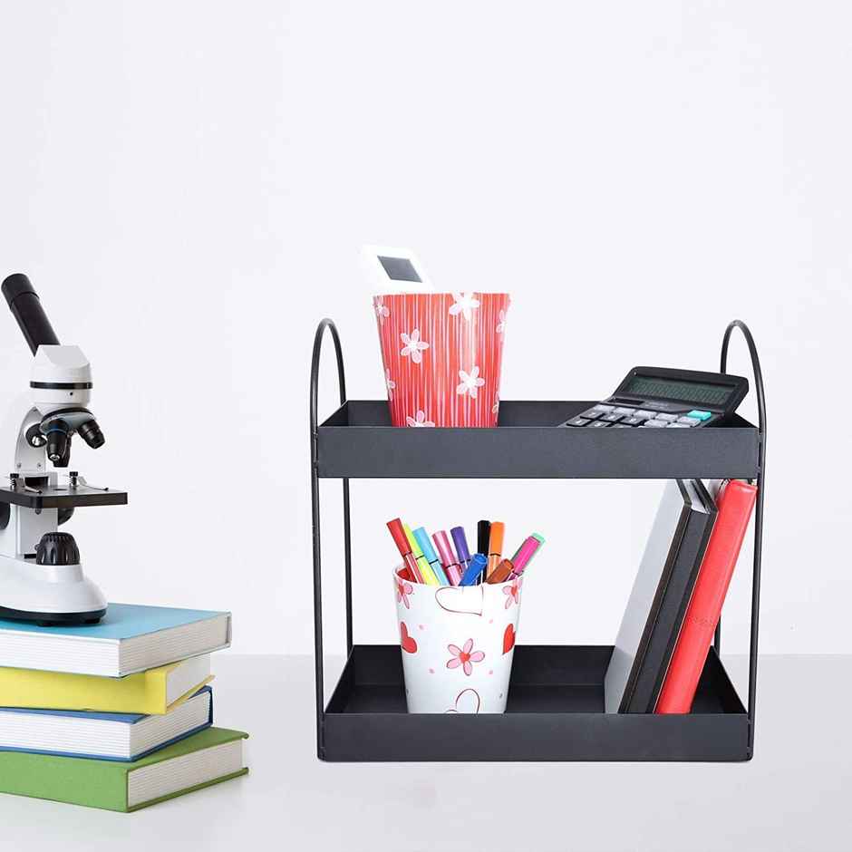 Go Hooked 2-Tier Metal Standing Rack | Vanity Storage Standing Shelf | Black