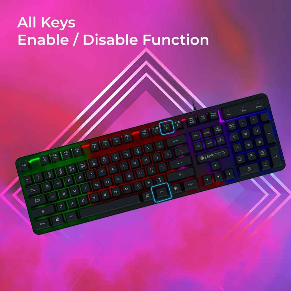 ZEBRONICS Transformer K1 Premium Gaming Keyboard with 104 Keys, 1.7m Cable, Laser Keycaps, Multi Color LED Modes, Integrated Multimedia Keys, All Keys Enable/Disable Function 