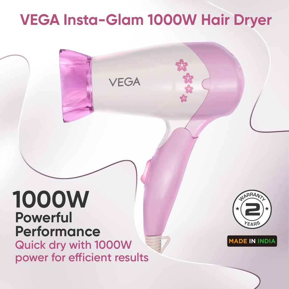 Vega Insta Glam Foldable 1000 Watts Hair Dryer with 2 Heat/Speed Settings, VHDH-20, (Made in India)