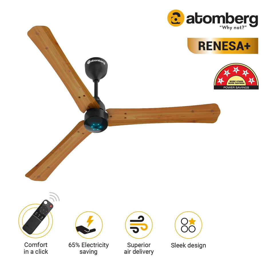 Atomberg Renesa+ BLDC Ceiling Fan,1200mm, Remote Control,BEE 5 Star,LED Indicators,Golden Oakwood