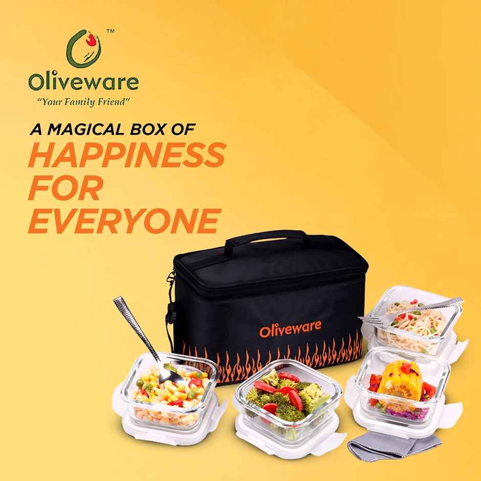 Oliveware Olivia Borosilicate Glassware Lunchbox , 4 Microwave Safe Containers - Black Orange