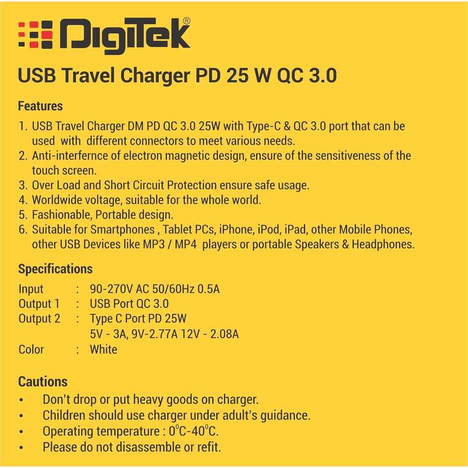 Digitek 25W Usb-C Pd & Qc Power Delivery Pd3.0 Dual Port Fast Wall Charger Typec Devices Dmqc Pd25W