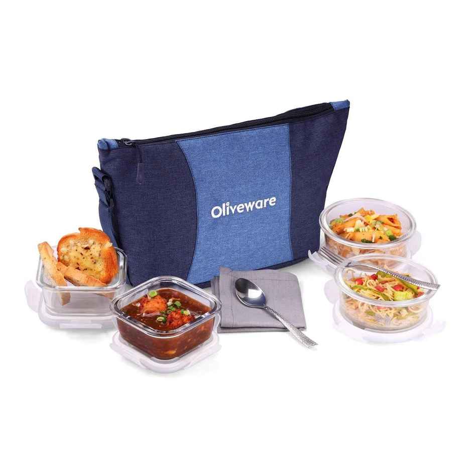 Oliveware Olive Glass Lunch Box, Insulated Fabric Bag, Leak Proof & Microwave Set of 4 - Blue