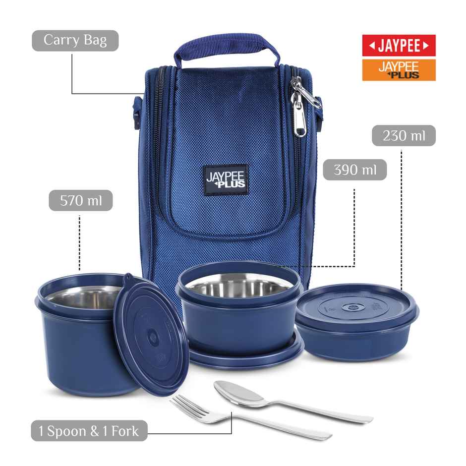 Jaypee Plus Homely Lunch Box | 3 Microwave Safe Air Tight Containers | Blue | 230ml, 390ml and 570ml