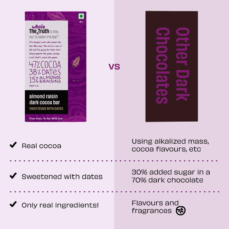 The Whole Truth Dark Cocoa Bar - Almond Raisin | 80 G | Sweetened With Dates
