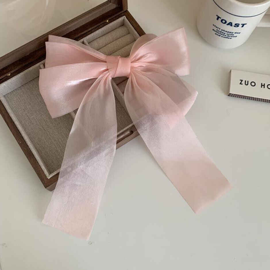 Majestique Big Satin Layered Hair Bow | Long Tail Ribbon Clip Accessory for Women | Pink