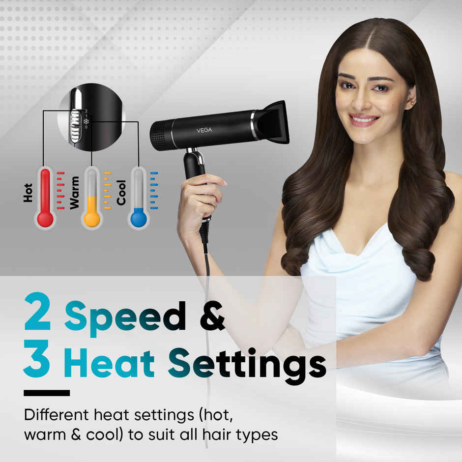 Vega Style Pro Foldable Hair Dryer | 1600W | 2X Faster Drying | VHDH-34, 16 Amp Plug Concentrator(Compatible Only with Large Plug Size)