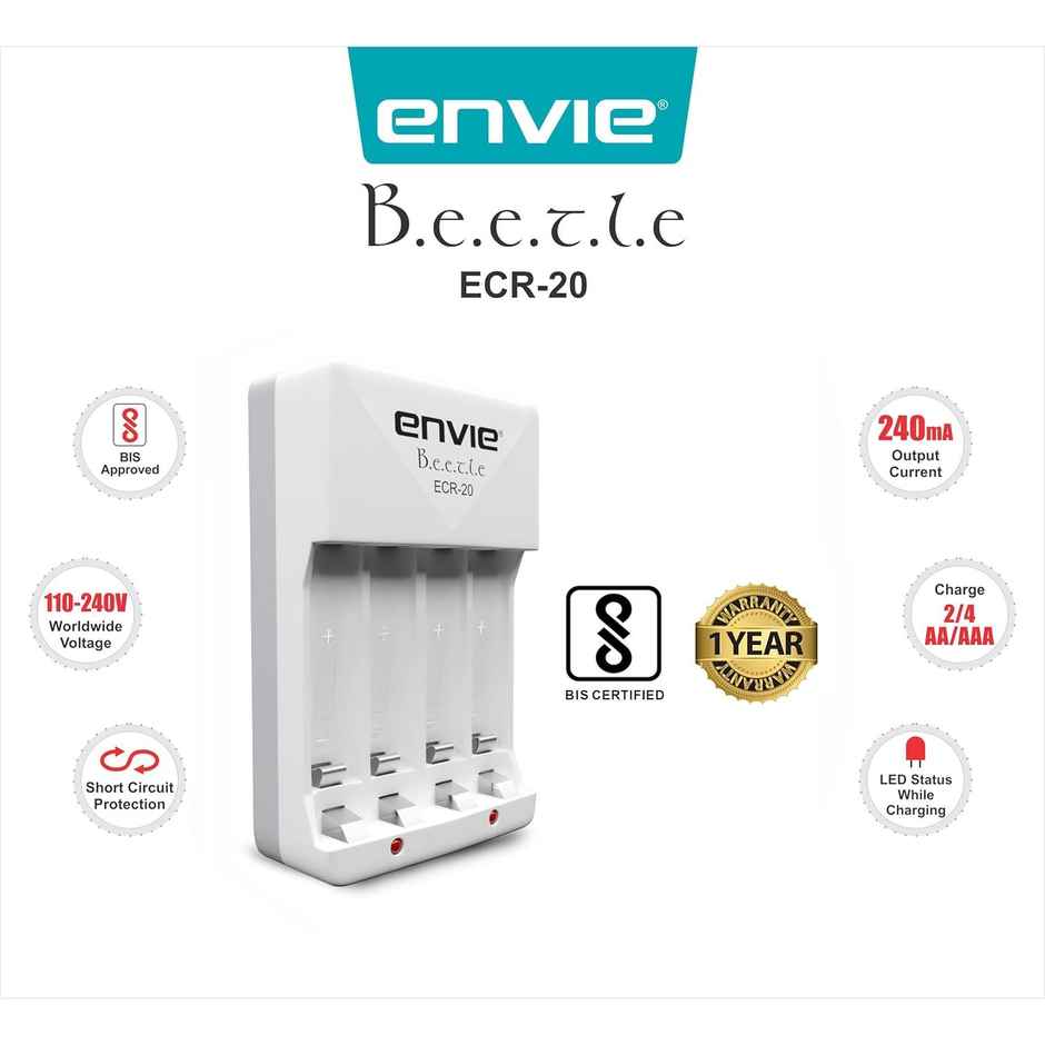 Envie (ECR-20) Beetle Wall Battery Charger for AA & AAA (Ni-MH/Ni-CD) Rechargeable Batteries with LED Indicators, Charge 2 or 4 Batteries at a Time