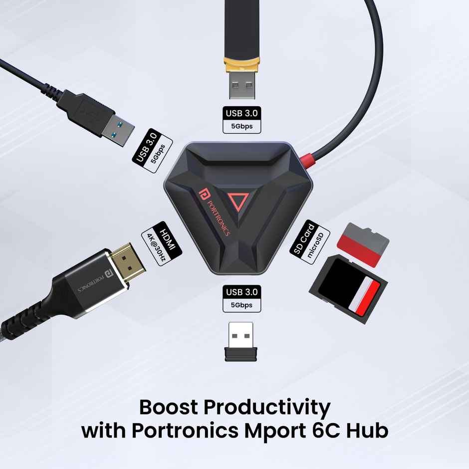 Portronics Mport 6C, 6-In-1 Type C Hub - Black
