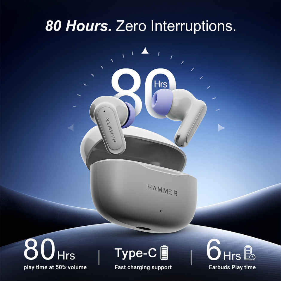 Hammer Airflow Neo TWS Earbuds | 80H Playtime | 13 mm Driver | Gaming Mode | Grey