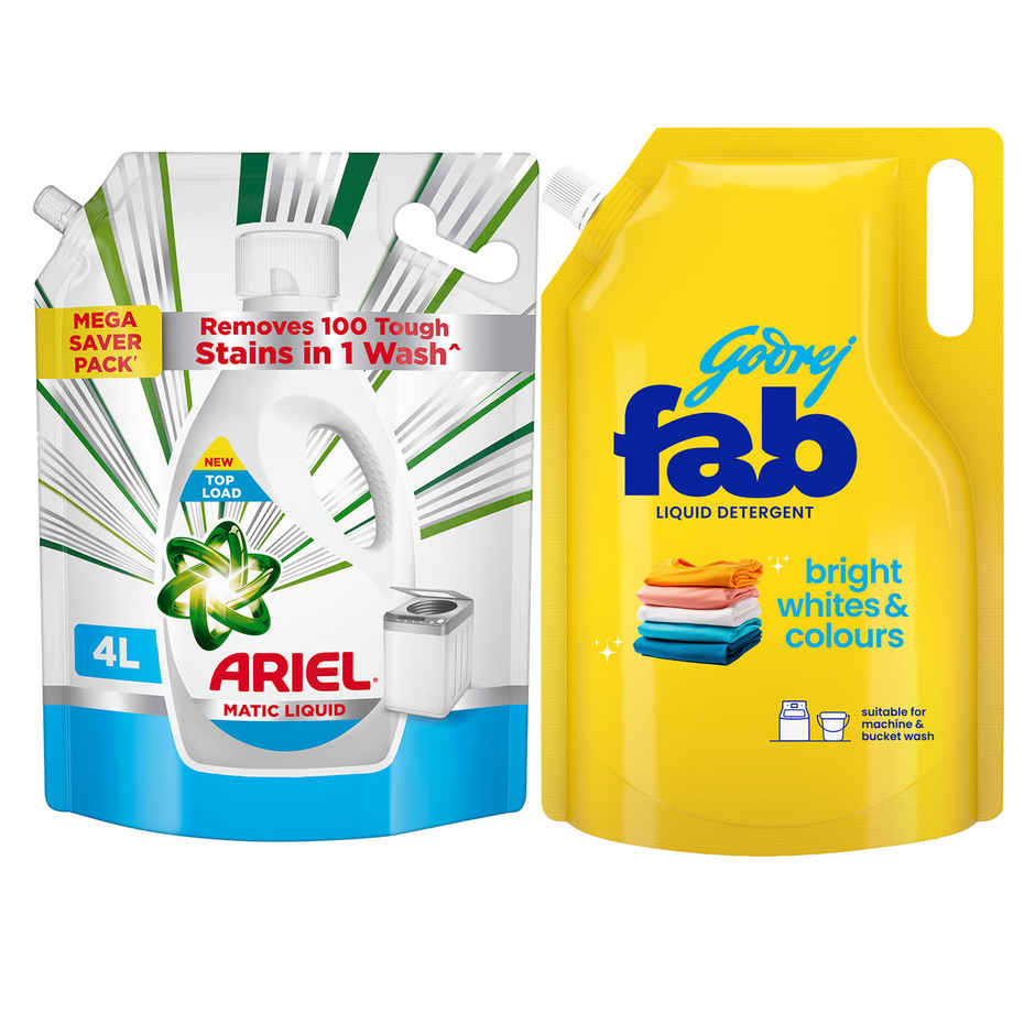 Ariel Stain Removal Top Load Washing Machine Detergent Liquid (4L) & Godrej Fab Machine & Hand Wash Detergent Liquid Refill Pouch (950ml) Combo  