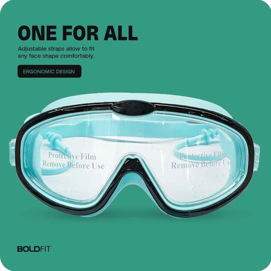 Boldfit Kids' Swimming Goggles Adjustable Strap | Airtight Fit | Free Ear & Nose Plug - Blue, Black