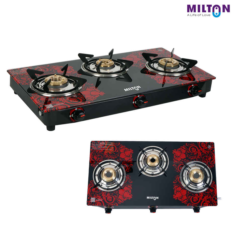 Milton Premium Red Manual Ignition Glass Top Gas Stove | ISI Certified | 3 Burner
