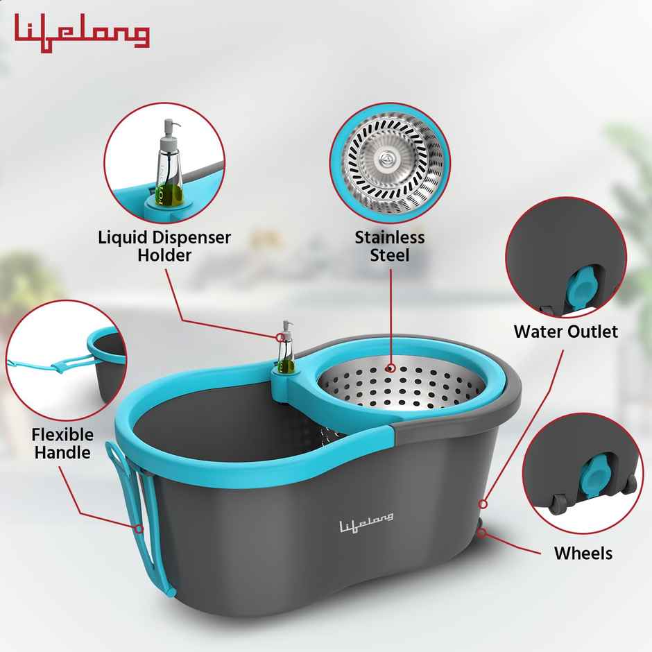 Lifelong 10L Spin Floor Mop with Bucket with 360 Degree Spinner, Microfiber Refills | Blue LLMOP902