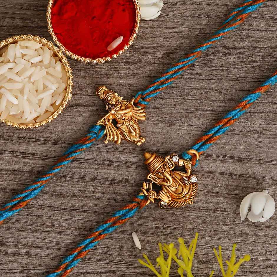 Religious Blue, Orange & Golden Rakhi | Krishna & Ganesha with Roli Chawal | Pack of 2 | Ecraftindia