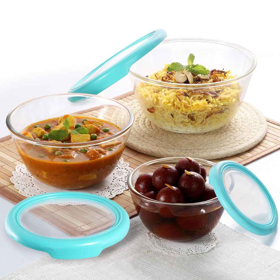 Cello Ornella Toughened Glass Mixing Bowl With Premium Lid Microwave Safe & Dishwasher Set Of 3