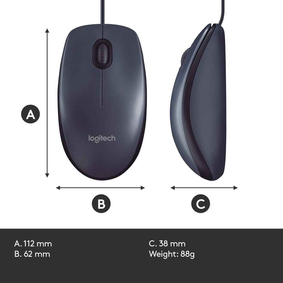 Logitech B100 Corded Wired USB Right or Left Hand Use Mouse for Computers and laptops - Black