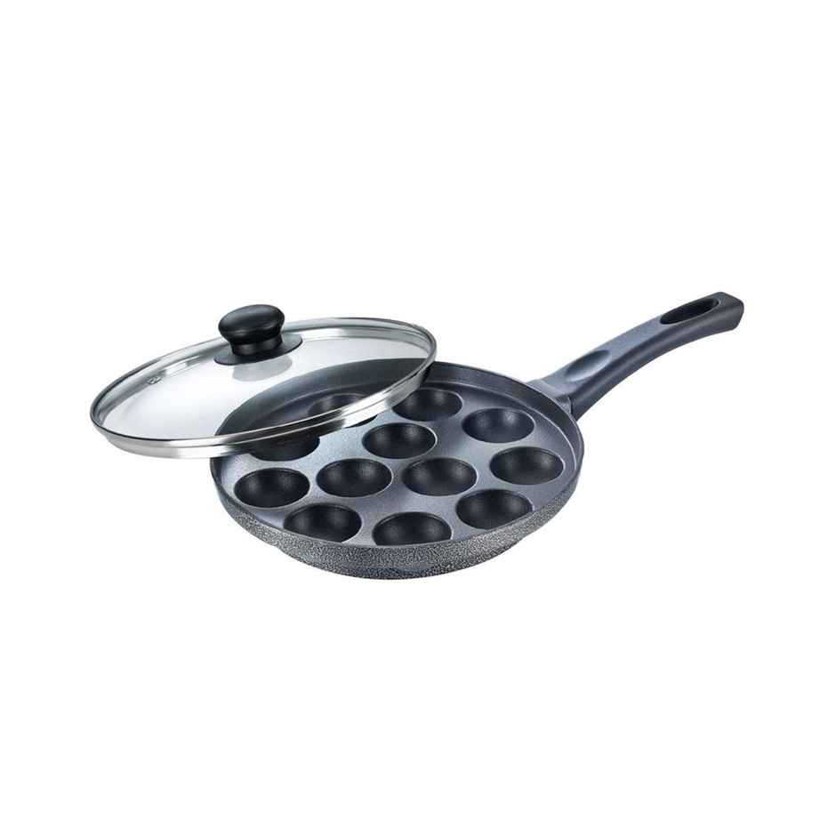 Prestige Omega Select+ 12Pits Aluminium Non-Stick Paniyarakkal With Glass Lid 24cm,1Y Warranty,Black