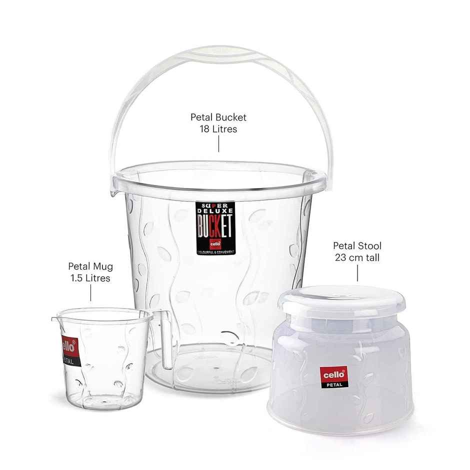 Cello Petal Bathroom Set | Bucket, Bath Mug & Bath Stool | Transparent | Set of 3