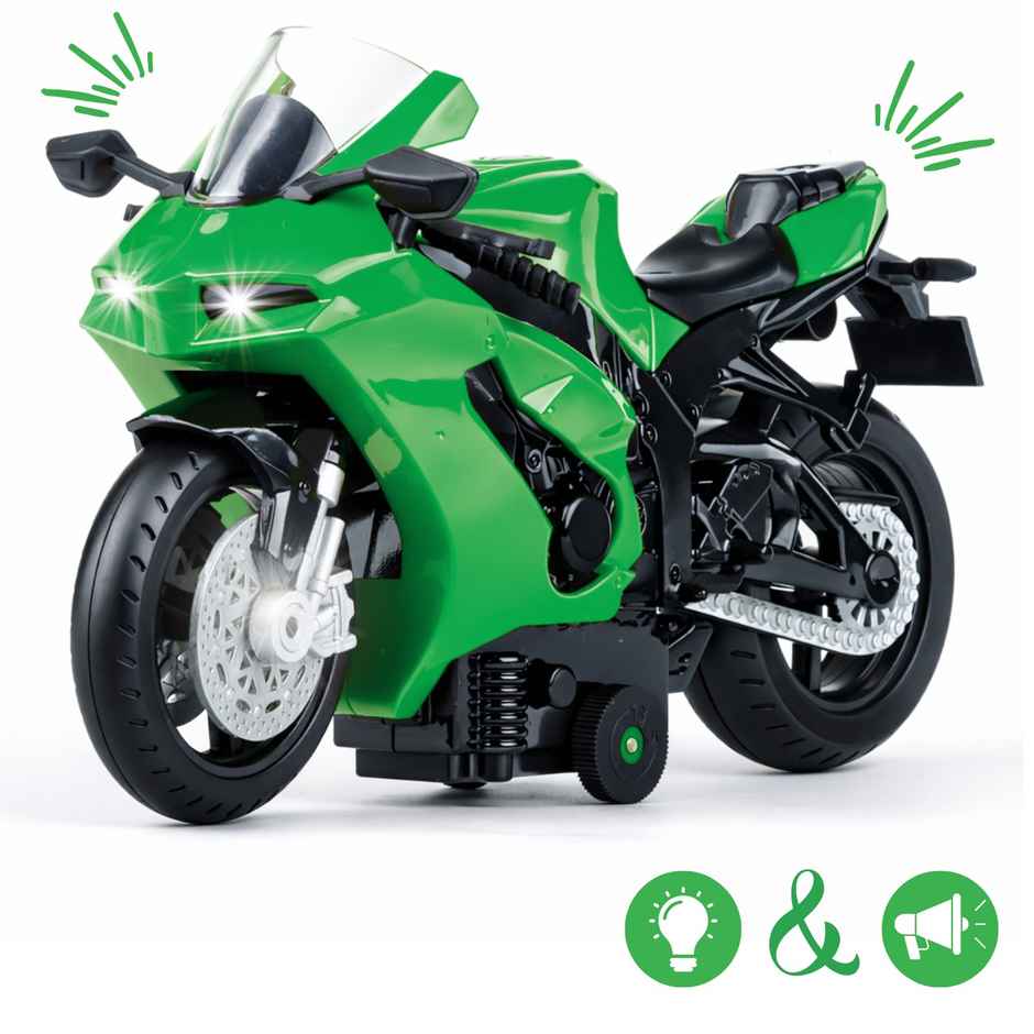 Race n Roll Light & Sound Bolt Racer Bike Toy Pull back Action Green